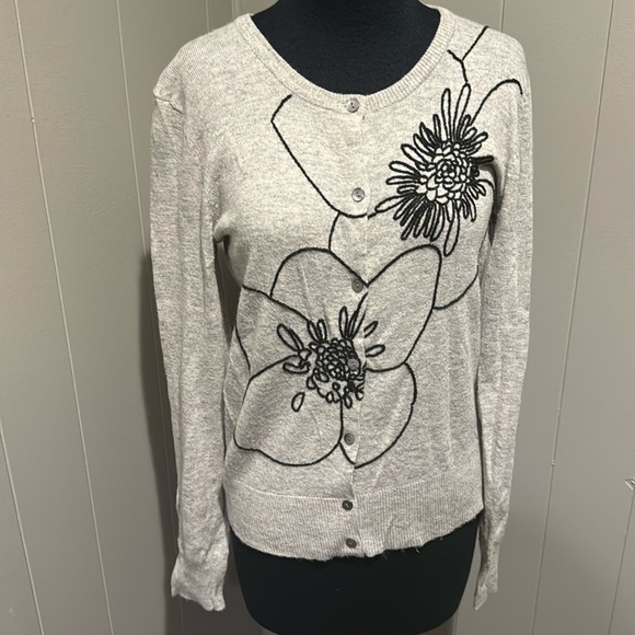Mystree gray angora blend black floral embroidered button front cardigan. Medium - Picture 1 of 5